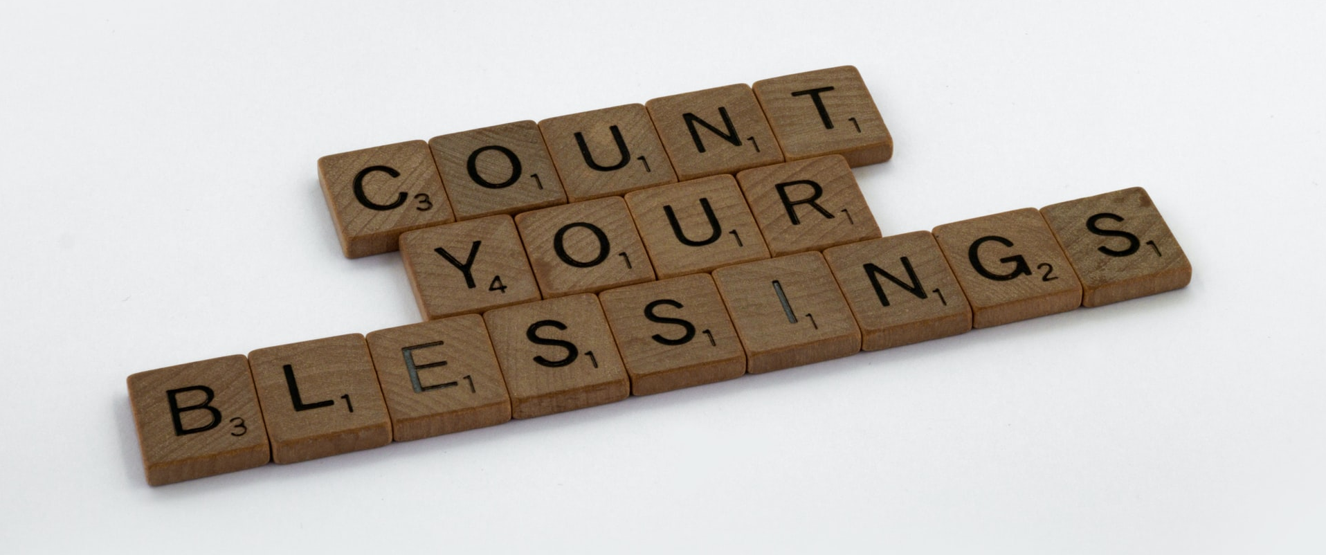 Count Your Blessings spelled out in Scrabble tiles