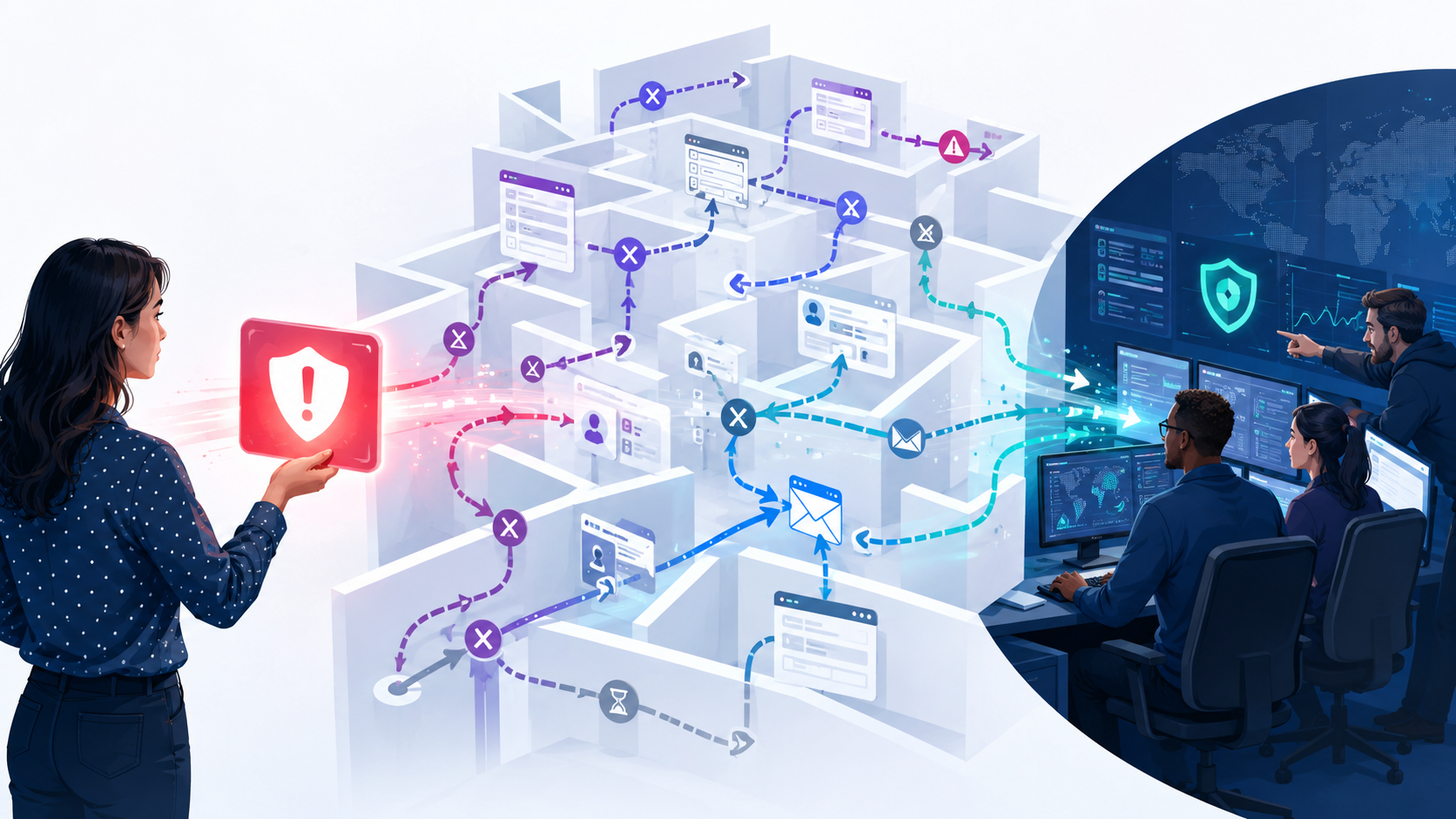 A user holding a security alert faces a maze of support forms, email routes, tickets, and dead ends before the report reaches a security operations team.