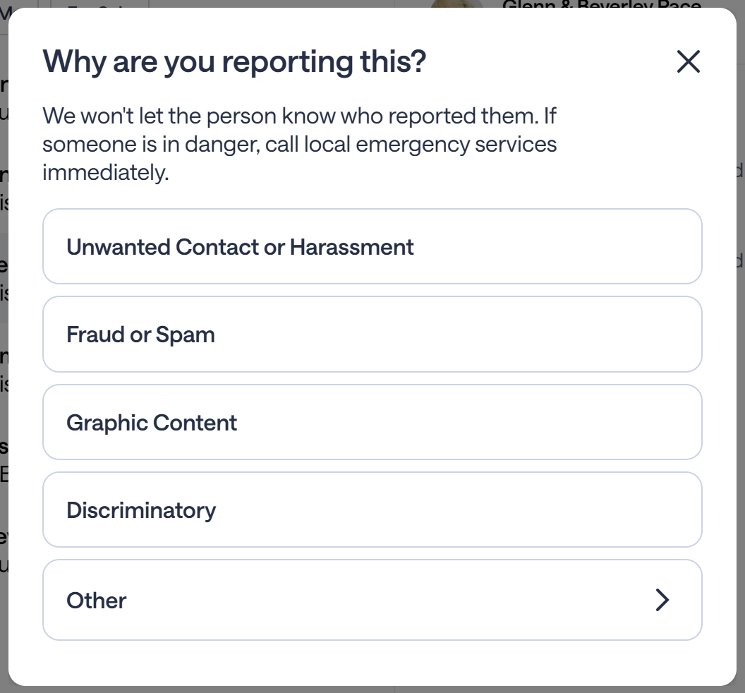 Nextdoor reporting dialog asking “Why are you reporting this?” with options including Unwanted Contact or Harassment, Fraud or Spam, Graphic Content, Discriminatory, and Other.