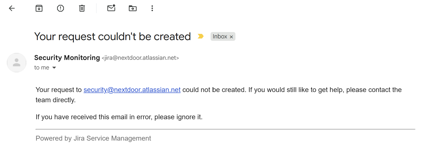 Email from Nextdoor Security Monitoring stating “Your request couldn't be created” after a security report was submitted.