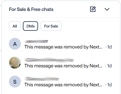 Nextdoor message list showing three conversations marked as removed by Nextdoor, with names, profile photos, and identifying details hidden.