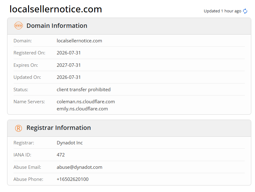 WHOIS record showing that the phishing domain was registered on July 31, 2026, with the operator’s identity not publicly shown.