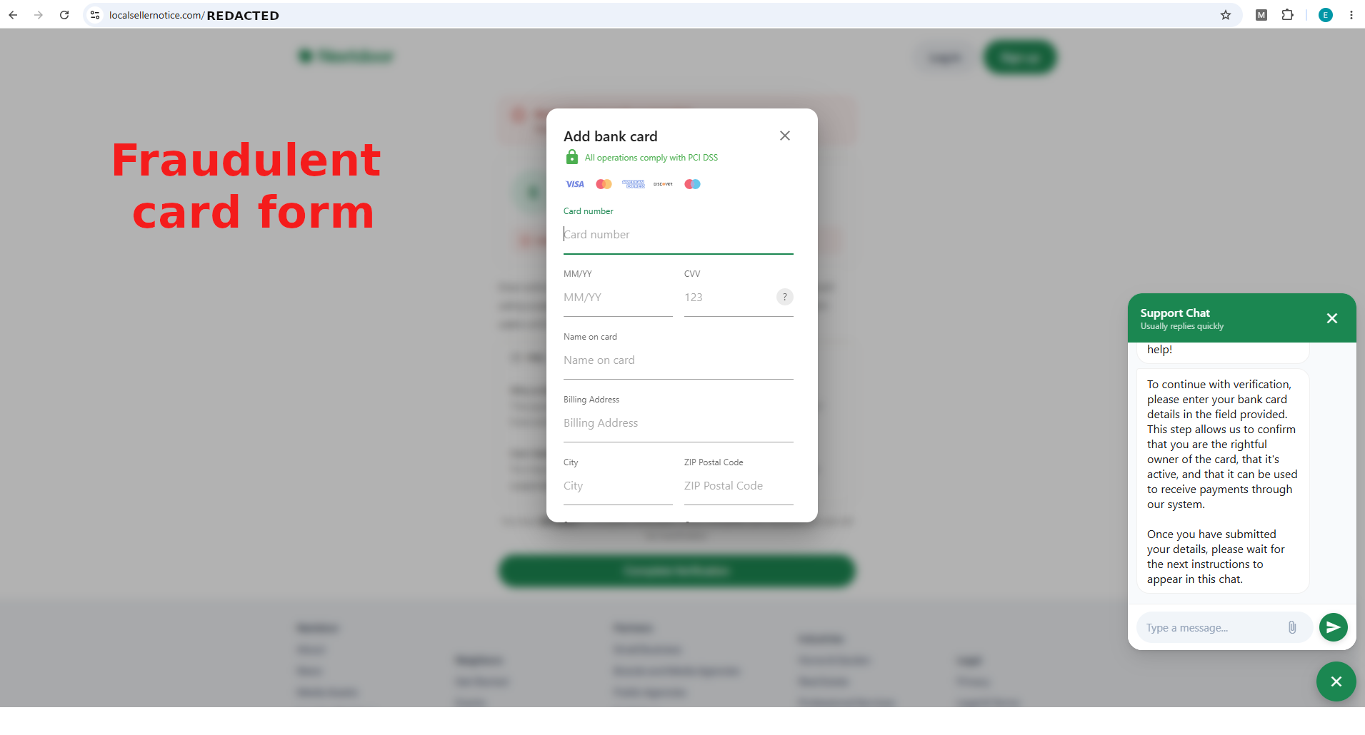 Phishing page impersonating Nextdoor with a payment-card verification form and fake support chat requesting card and billing details.