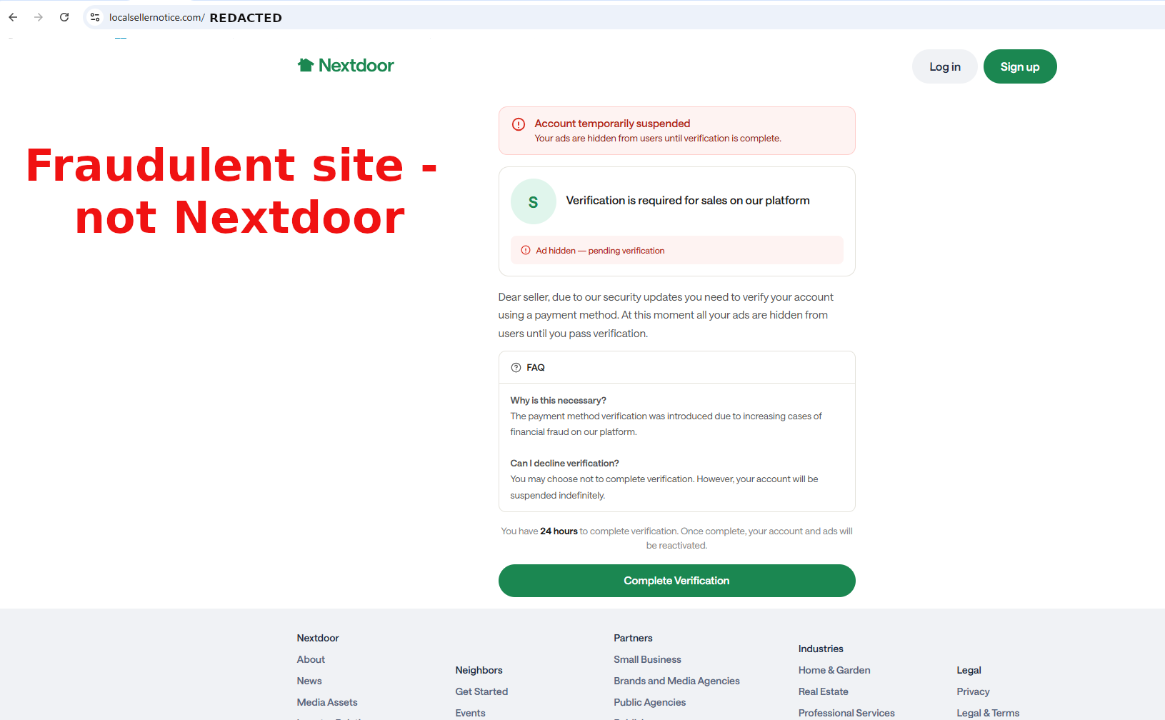 Fraudulent website impersonating Nextdoor with an account suspension warning, a 24-hour deadline, and a button asking the user to complete payment-card verification.